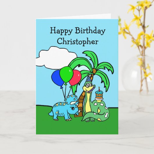 恐竜パーソナライズされたをテーマにした誕生日カード カード (黄色い花)