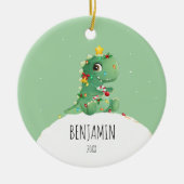 恐竜パーソナライズされた名クリスマス飾り セラミックオーナメント (正面)