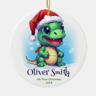恐竜パーソナライズされた名初めてのクリスマス セラミックオーナメント