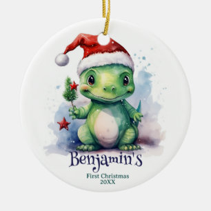 恐竜パーソナライズされた名初めてのクリスマス セラミックオーナメント