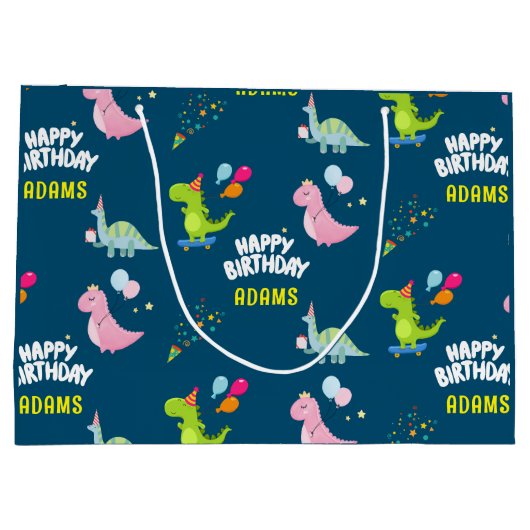 恐竜パーソナライズされた子供の誕生日 ラージペーパーバッグ (裏面)