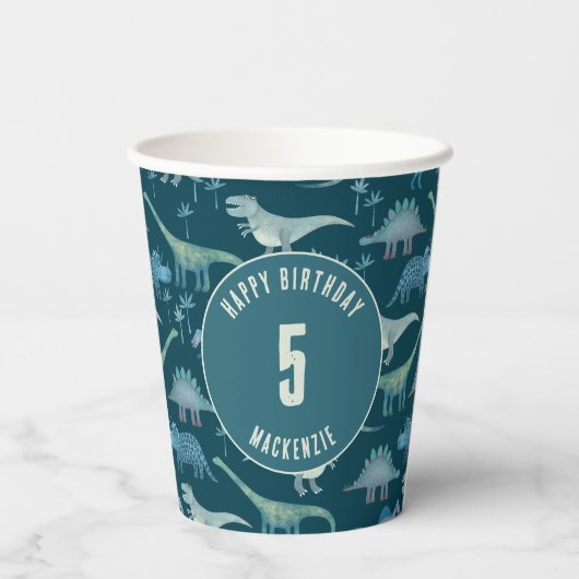 恐竜パーソナライズされた時代子供の誕生日パーティー 紙コップ (裏面)