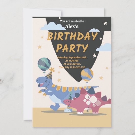 恐竜パーティーの招待状テンプレート:楽しくて簡単なスクリプト 招待状 (正面)