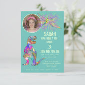 恐竜パーティーガールズ3世誕生日写真ティール（緑がかった色）ディノ 招待状 (スタンド正面)