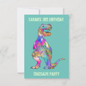 恐竜パーティーガールズ3世誕生日写真ティール（緑がかった色）ディノ 招待状 (裏面)