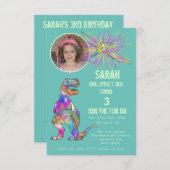 恐竜パーティーガールズ3世誕生日写真ティール（緑がかった色）ディノ 招待状 (正面/裏面)