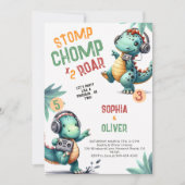 恐竜パーティーダンスおもしろいジョイント兄弟姉妹誕生日 招待状 (正面)