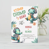 恐竜パーティーダンスおもしろいジョイント兄弟姉妹誕生日 招待状 (スタンド正面)