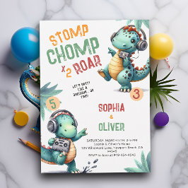 恐竜パーティーダンスおもしろいジョイント兄弟姉妹誕生日 招待状