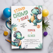 恐竜パーティーダンスおもしろいジョイント兄弟姉妹誕生日 招待状