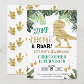 恐竜パーティーボーイ ゴールド 恐竜 誕生日 招待状 (正面/裏面)