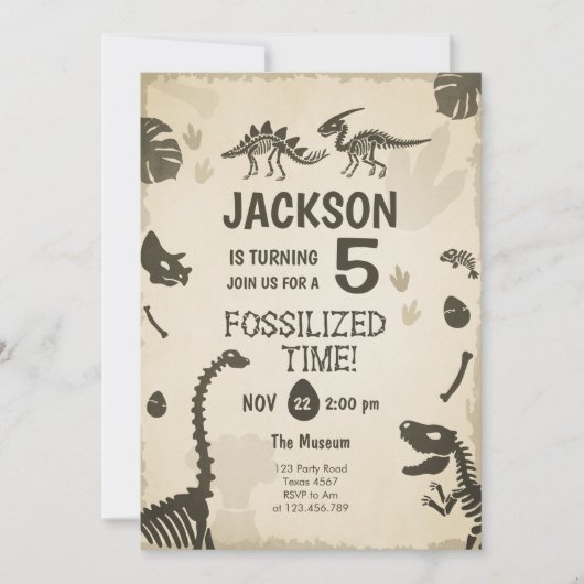 恐竜パーティーボーイ 化石恐竜発掘 バースデー 招待状 (正面)