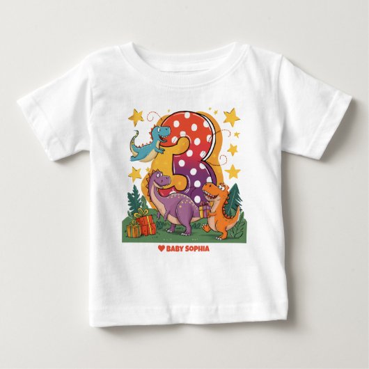 恐竜パーティー第3誕生日 ベビーTシャツ (正面)