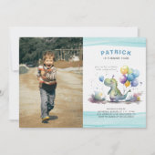 恐竜パーティー かわいい 水彩画 男の子 青い 誕生日 招待状 (正面)