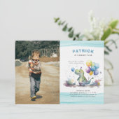 恐竜パーティー かわいい 水彩画 男の子 青い 誕生日 招待状 (スタンド正面)