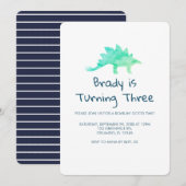 恐竜パーティー 青いストライプ 招待状 (正面/裏面)