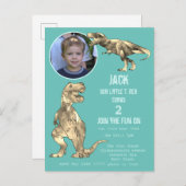 恐竜パーティーTレックス少年2歳の誕生日ティール(緑がかった色)写真 インビテーションポストカード (正面/裏面)