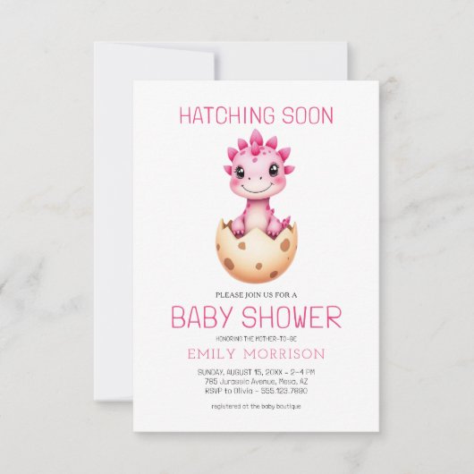 恐竜ピンクの水の色ハッチングもうすぐ赤ちゃんシャワー 招待状 (正面)