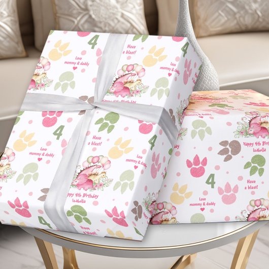 恐竜ピンクパステルキュートガール誕生日名文字 ラッピングペーパー