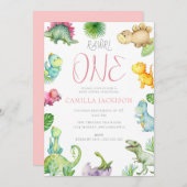 恐竜ファースト誕生日ベビーガール招待状 招待状 (正面/裏面)