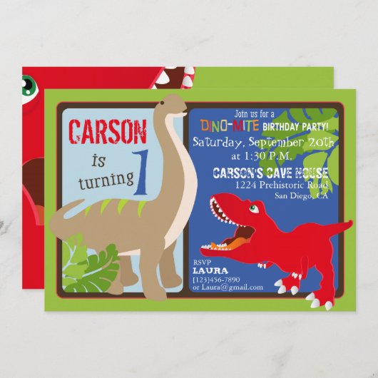 恐竜ファースト誕生日招待状カード 招待状 (正面/裏面)