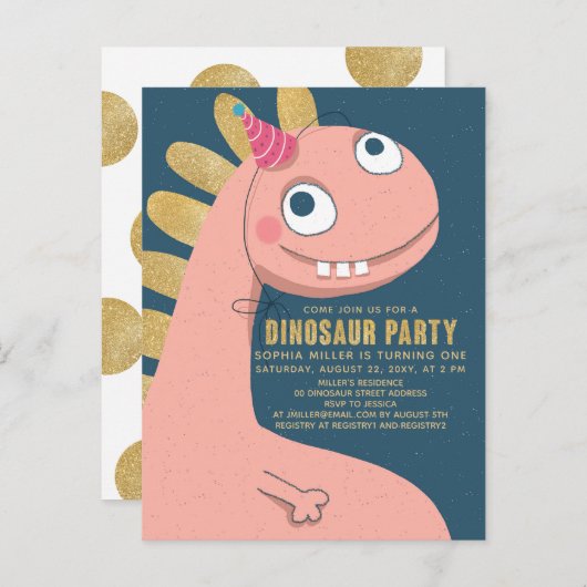 恐竜フェイク金ゴールドピンクおもしろいかわいい女の子 インビテーションポストカード (正面/裏面)