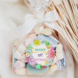 恐竜フローラグリッターベビーガール1st誕生日 ラウンドシール