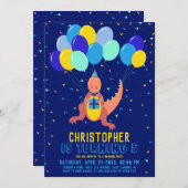 恐竜ブルーイエローバルーン紙吹雪ボーイ誕生日 招待状 (正面/裏面)