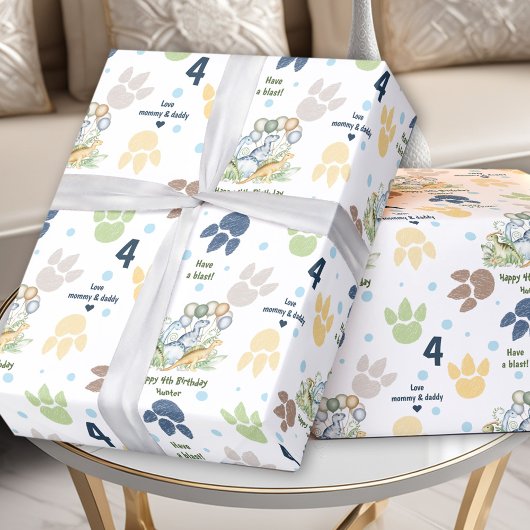 恐竜ブルーグリーンボーイ誕生日名文字 ラッピングペーパー