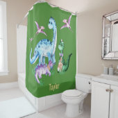 恐竜ブルーパープルグリーンキッズネームカスタム シャワーカーテン (インサイチュ)