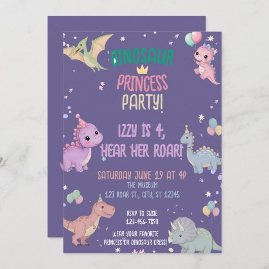 恐竜プリンセスパーティー4歳の誕生日 招待状 (正面/裏面)