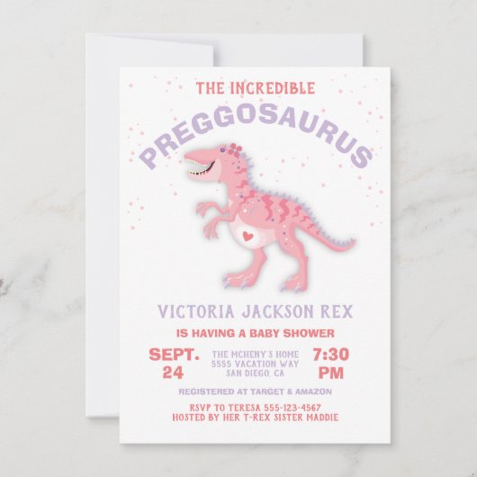 恐竜プレグゴサウルス赤ちゃんシャワーガール 招待状 (正面)