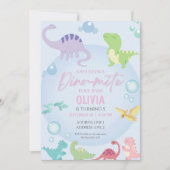 恐竜プールパーティーの少女の誕生日 招待状 (正面)