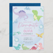 恐竜プールパーティーの少女の誕生日 招待状 (正面/裏面)