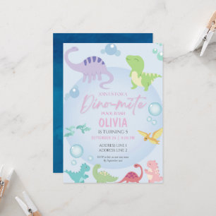 恐竜プールパーティーの少女の誕生日 招待状