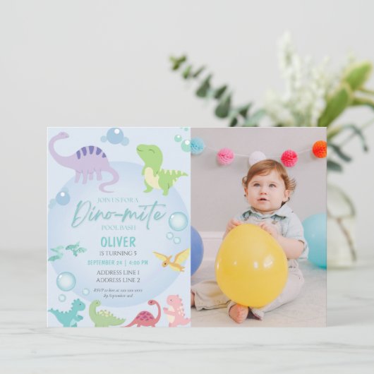 恐竜プールパーティー少年の誕生日 招待状 (スタンド正面)