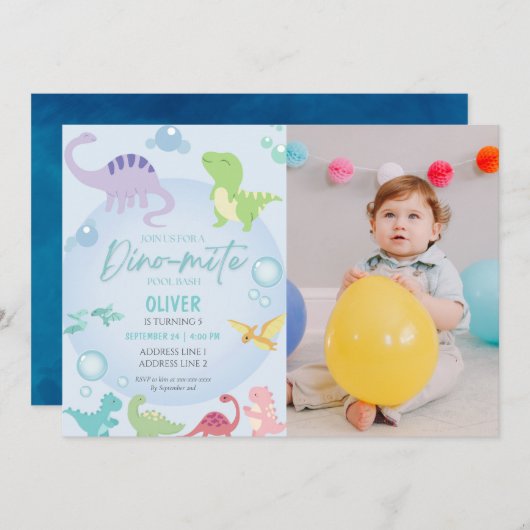 恐竜プールパーティー少年の誕生日 招待状 (正面/裏面)