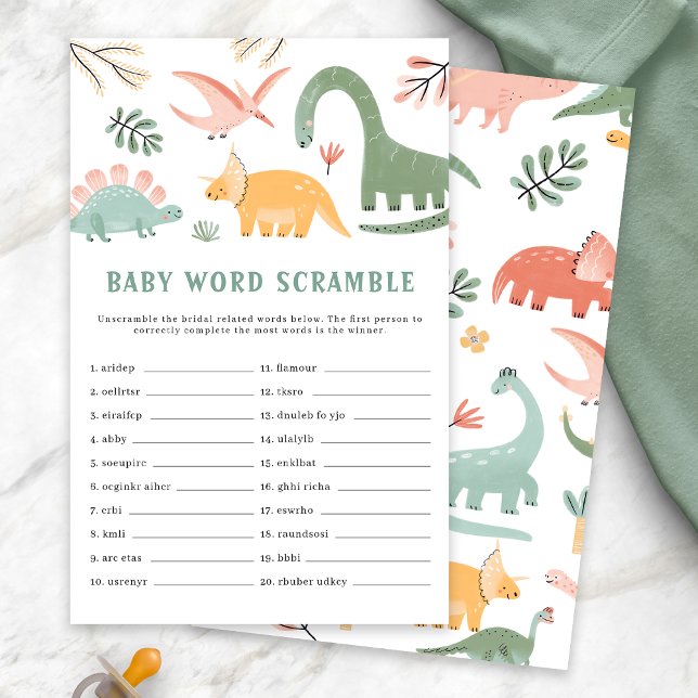 恐竜ベイビーシャワーのゲーム (Dinosaur Baby Shower Baby Word Scramble Game Card by Painted Paperie)