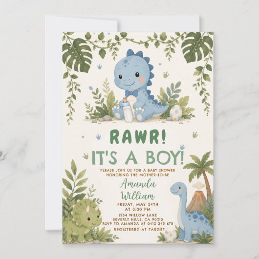 恐竜ベビーシャワーの男の子の招待状 Rawr It's a Boy 招待状 (正面)