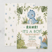 恐竜ベビーシャワーの男の子の招待状 Rawr It's a Boy 招待状 (正面/裏面)