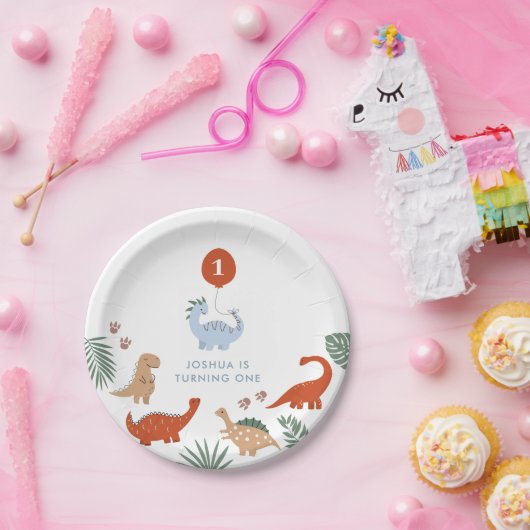恐竜ボーイズ最初の1歳の誕生日紙プレート ペーパープレート (パーティー)