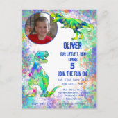 恐竜ボーイズ5誕生日カラフルTレックス写真I インビテーションポストカード (正面)