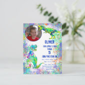 恐竜ボーイズ5誕生日カラフルTレックス写真I インビテーションポストカード (スタンド正面)