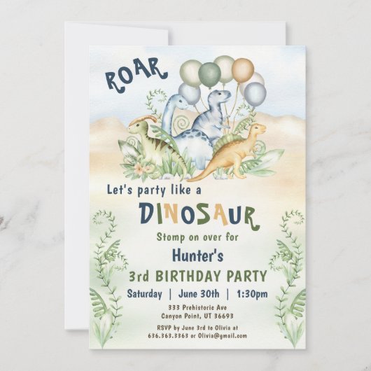恐竜ボーイブルーグリーンパステルカスタム1st誕生日 招待状 (正面)