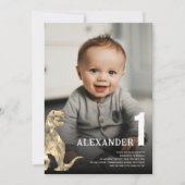 恐竜モダンの最初の誕生日パーティーカスタム写真 招待状 (正面)