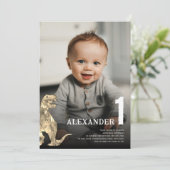 恐竜モダンの最初の誕生日パーティーカスタム写真 招待状 (スタンド正面)