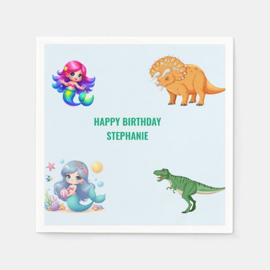 恐竜モダン人魚の誕生日パーティー スタンダードカクテルナプキン (正面)