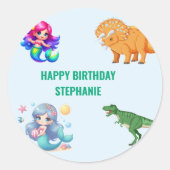 恐竜モダン人魚の誕生日パーティー ラウンドシール (正面)