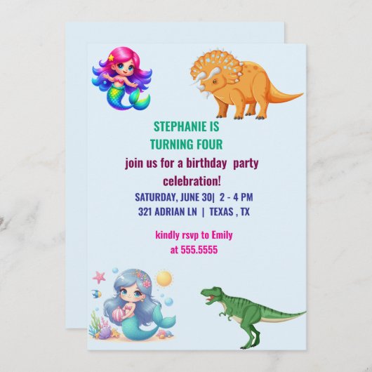 恐竜モダン人魚の誕生日パーティー 招待状 (正面/裏面)