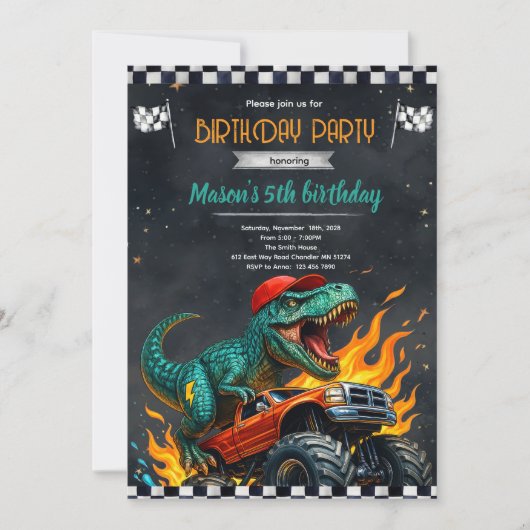 恐竜モンスタートラックの誕生日招待状 招待状 (正面)